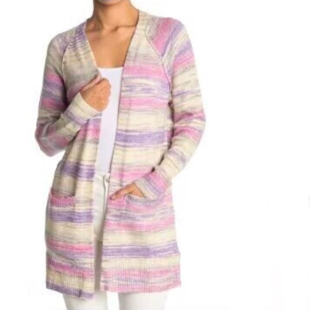 Lucky Brand Cardigan Womens XL‎ Purple Pastel Stripe Open Front Pockets Stretchy
